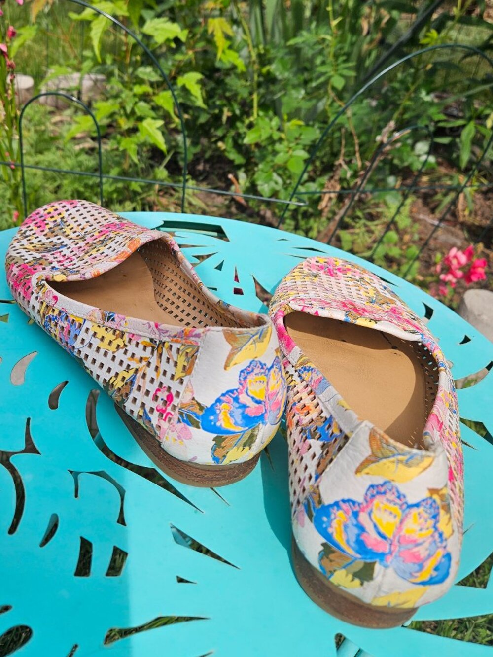 Butterfly floral flats, perforated leather, Town Shoes, size 8.5